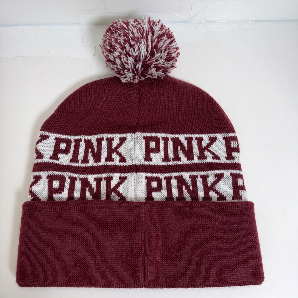 Victorias Secret PINK Beanie Maroon Burgundy White Logo Pom Pom Knit Hat NWOT